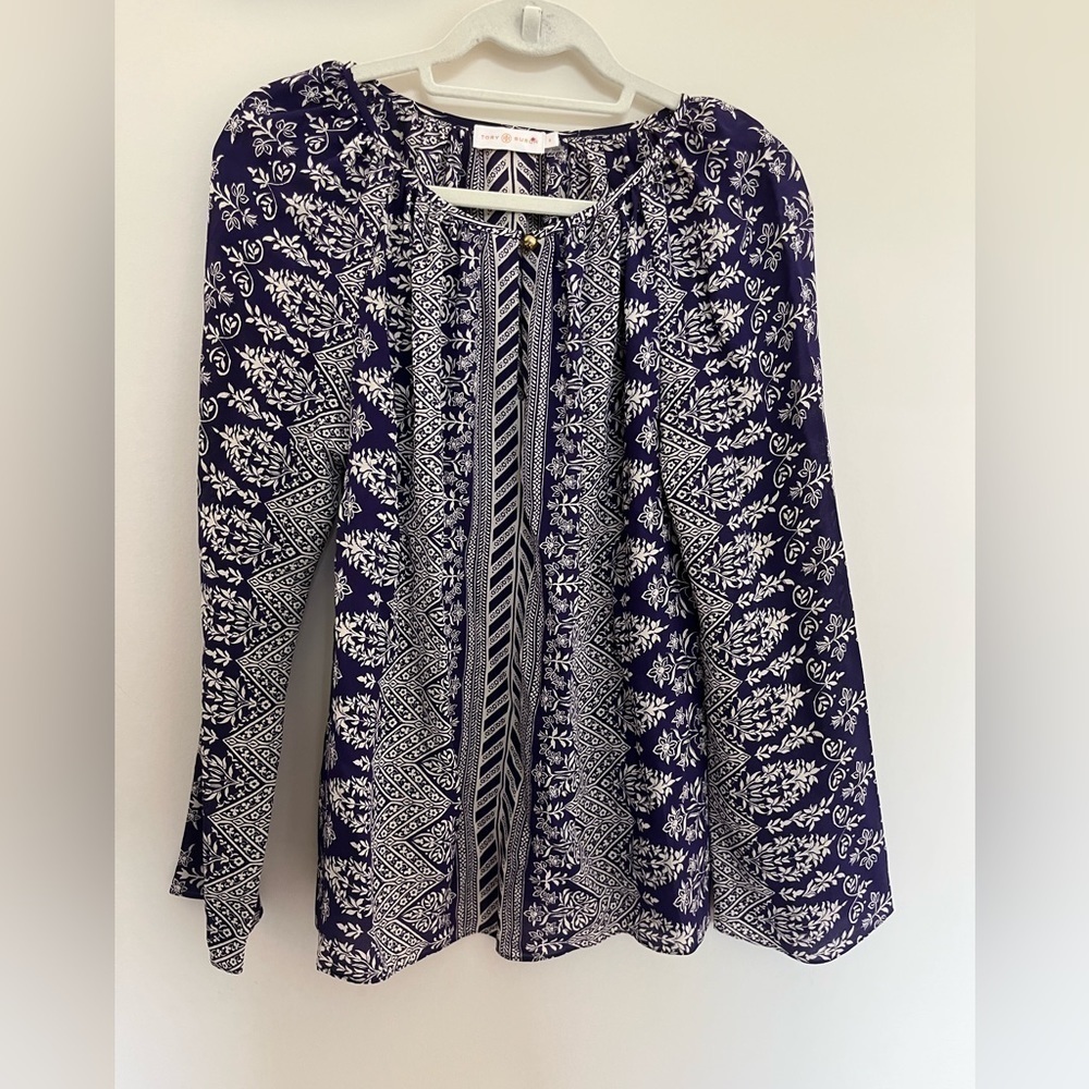 Tory Burch Silk Printed Blouse Navy Off White Size 6 Long Sleeve
